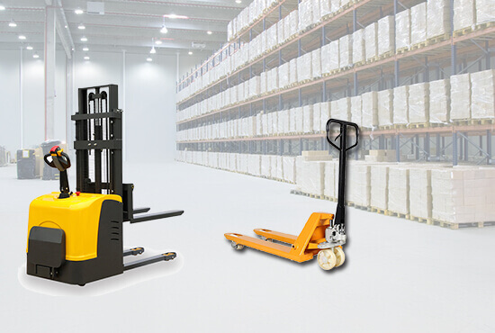 stacker and pallet jack shown in a warehouse setting